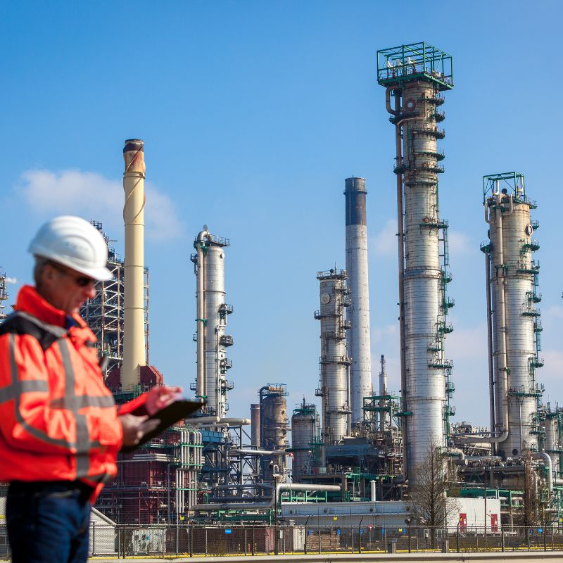 A man in his uniform working in the oil factory looking up the tasks for the day.